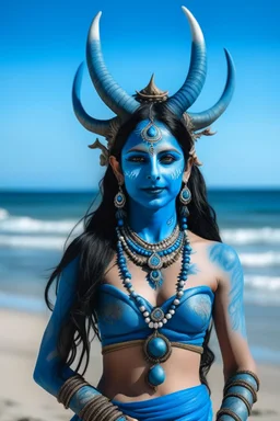 A photo of a blue skin Hindu goddess with painted blue face and body skin, wavy black hair deer antler horns, standing on a sunny beach