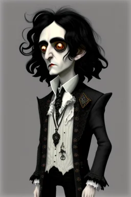 black haired black eyed young man necromancer wizard Gnome that looks like a young Edgar Allan Poe with gothic jewelry in the style of Charles Addams