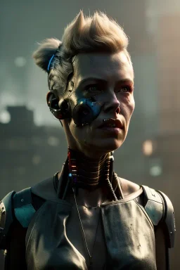 A portrait post-apocalypse cyborg CHARLIZE THYRON in a cyberpunk city, sci-fi fantasy style, 8k, volumetric lighting, particales,highly detailed,cinematic, deep scars on face,deep colours.