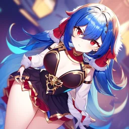 Clear focus, High resolution, rough line art, cute, cartoon, medium blue hair, hair between eyes, fluffy hair, red eyes, super cool outfit with a split skirt, black red and gold color scheme, wearing a short skirt, barely revealing