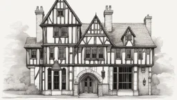 A detailed ink illustration of a front elevation of a Tudor fantasy house, with tall chimneys and roofs.
