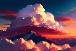 ountaintop, sunset, brilliant colors, puffy white clouds, cinematic, depth of field, realistic, hyper