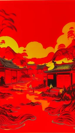 A red fiery Chinese royal village painted by Andy Warhol