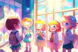 cute chibi holographic girls and boys looking at pictures happily at an exhibition room in sunshine