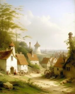 A white village with windmills painted by Francis Danby