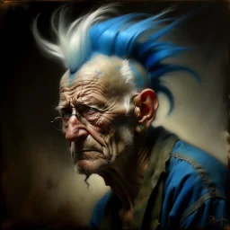 a detailed portrait of old man with a extravagant blue mohawk, the old man is always doing somehing different, Variations like fixing his truck, visiting his wife at the cemetary, going to punk rock shows, etc by edouard bisson, punk rock, oil painting, muted colors, soft lighting