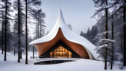 7195, rule of thirds, delightful, sensitive, confident, undulating sinusoidal theatre with pointed hyperbolic roofs, forest, delicate, thick snow, symmetrical, exquisite architecture, innovative design, perfect symmetry, award-winning photograph, beautiful composition, filled with beautiful detail, delicate colour, chiaroscuro