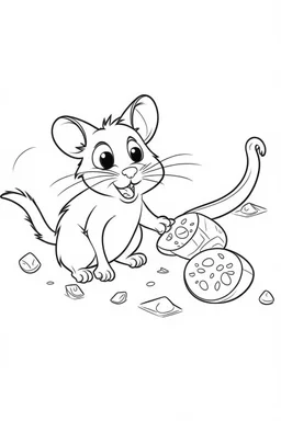 a cartoon of a cat chasing after a mouse with cheese. no color. thin crisp line. no shading. coloring book.kids