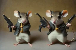 pulp-fiction costumed taxidermy mice with guns in hands