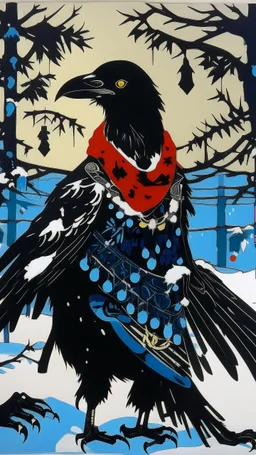 A contemporary serigraphy painting by Matisse of a human-like and happy crow adorned in a punk leather jacket within a snowy Christmas atmosphere.