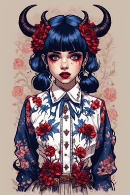 wears a smart shirt which is embroidered with bluered flowers and ornaments, has dark eyes and horns,Poster in two gradually, a one side malevolent goth vampire girl face and other side the Singer Melanie Martinez face, full body, painting 90's movie , pixel art , for a retro gaming 2D style by Yoji Shinkawa, darkblue and sepia tones,