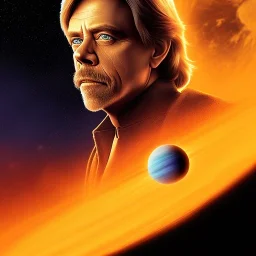 digital art portrait of (Mark Hamill as Luke Skywalker) ((dressed in plain jedi tunic)), surrounded by 100 planets, ultra-detailed, ultra quality illustration, eerie atmosphere, 8k, cinematic lighting