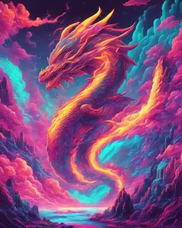 Dragon in a vibrant synthwave dreamscape, neon chaos swirling energetically around pixelated forms, a dynamic fusion of retro gaming nostalgia and futuristic abstraction