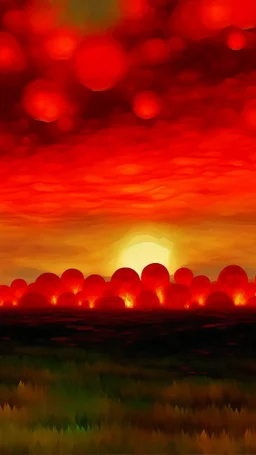 A red fiery sky with fireballs painted by Jeffrey Kolker