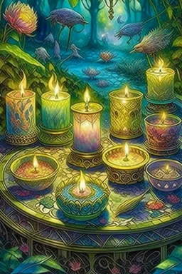 Tarot card candles on the tableornament of a fabulous landscape, ornament, forest, delicate, light, transparent spring, ornament, in the style of Josephine Wall, grunge, intracate, map, careful drawing, watercolor, dot graphics, natural colors, Grotesque, Micro detailing, Art botanical