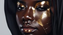 a beautiful black woman face made of kintsugi seam, photo realistic, 16K