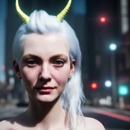 A medium-close-up shot of a young, white-haired nymph woman with horns standing on a sidewalk in a cyberpunk city. The woman only has one head, but also a gentle smile.