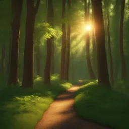 Stunning cinematic 3D rendering of forest at dawn, revealing a captivating blend of enchantment and mystery. Forest path lined with dense green leafed trees. The morning sun casts its soft glow over the scene, illuminating the path. The intricate textures and lighting give the image a sense of depth and realism, drawing the viewer into the magical world and creating an immersive experience. Fotorealista