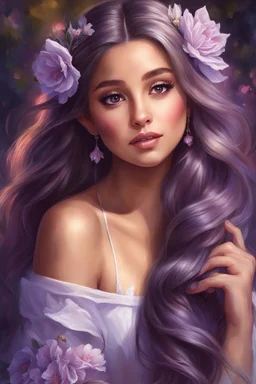 a girl with long hair and flowers in her hair, painting of ariana grande, portrait of ariana grande, ariana grande portrait painting, carlos ortega elizalde, beautiful elf with violet skin, beautiful fantasy art portrait, realistic cute girl painting, marc brunet, by Magali Villeneuve, artgerm. anime illustration, by Lü Ji, realistic anime art style