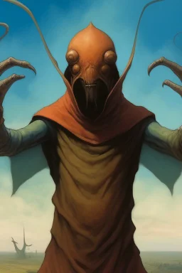 The hooded giant man who has a face looks like an ant. Open his arms and look at the sky .Busch painting style