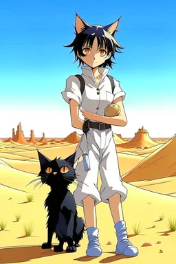 Meryl Stryfe Trigun young girl short black hair anime white clothes standing in the desert with a cat in her arms