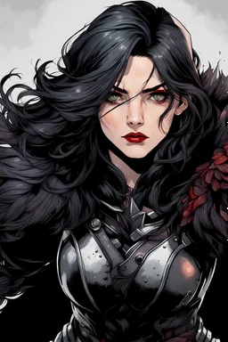 strong female warrior. twenty-five years old. red iris. iron dark gray hair. stoic look