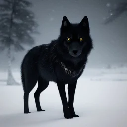 A captivating, monochromatic photograph of an ethereal black wolf in a snowy landscape, with a tight focus on its piercing gold eyes and striking fur details, evoking a sense of mystery and otherworldliness.