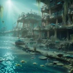 lost underwater city, fish swimming around, highly detailed, cinematic, ultra photorealistic, ultra realistic, volumetric lighting, sun shafts, spectral