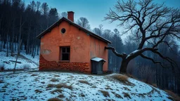 a lonely old adobe hut with worn adobe wall and a small window, a crumbling roof, an old chimney stands on a hill, next to it is a small woodshed by the wall, and an old withered tree leans over the hut, the hut stands on the edge of a European forest, winter, snowy landscape, low light, dawn, high detailed, sharp focus, high realistic, perfect photo