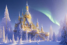  white and gold crystal castle，waterfall, winter snow flakessnow, northern Lights, full of details, smooth, bright sunshine，soft light atmosphere, light effect，vaporwave colorful, concept art, smooth, extremely sharp detail, finely tuned detail, ultra high definition, 8 k, unreal engine 5, ultra sharp focus