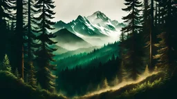 Create an image that combines elements of fir forest and text overlay in a portrait format. should be partially visible and obscured by a semi-transparent overlay of fir illustrations and script text. The color palette should be warm with deep green, and earthy browns. The image should evoke a sense of mystery and fusion between humanity and nature, while also creating a sense of depth and texture. The forest illustrations should be delicate and