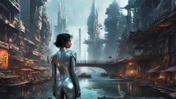 woman in a silver catsuit looking at a view of buildings made of reused dirty rusty metal next to a futuristic canal junction, cyberpunk, many painted colours, flying boats, balconies, bridges, people, shopping, eating, walking, fifth element, ghost in the shell, altered carbon, Ian McQue a masterpiece, 8k resolution, dark fantasy concept art, by Greg Rutkowski, dynamic lighting, hyperdetailed, intricately detailed, Splash screen art, trending on Artstation, deep color, Unreal Engine, volumetric