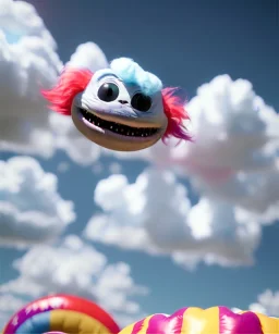 Ultra realistic speed clouds sky scene, wide angle view, sweet childs falling down, inflatable color clothing, free jumping flying, many trinkets, monster head, hair monster, many jelly beans, balls, smile, happy, circus style, extreme, wind, clouds sea, 20,000 feet altitude, stratosphere, soft color, highly detailed, unreal engine 5, ray tracing, RTX, lumen lighting, ultra detail, volumetric lighting, 3d, finely drawn, high definition, high resolution.