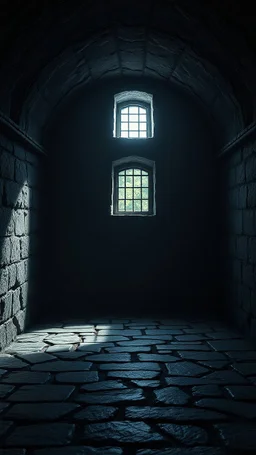 Inside of a dark dungeon with grey stone floor the only light comes from a small barred window high on the wall. Dark fantasy. photorealistic. 4k