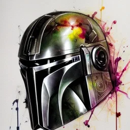 photorealistic the mandalorian helmet with multicolor painting, illustration by <agnes cecile> <Yoji Shinkawa>, ornate and intricate details , soft smooth lighting, concept art, black satin background,