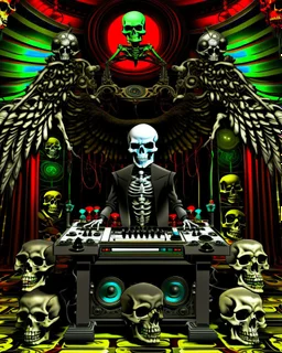 DJ of the damnded, insanely detailed DJ booth in hell, MID set, speakers and equipment made of bone, anatomically correct,