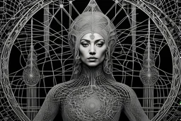 black and white woman spires and spindles and webs in the style of alex grey