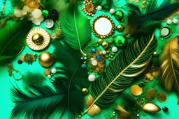 Green fantasy flatlay shot from above, blank space, overhead shot, glitter gold, jewels green, feathers green, aesthetic