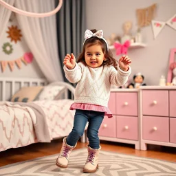 a 2 years old azeri girl in modern clothing and makeup dancing with cute and joy with pertty boots in a baby bedroom