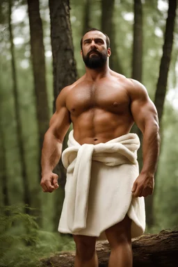 1970's massive male muscular strong man , Turkish, hairy chest, age 37, muscle daddy, goatee, short hair, oiled, armpits, in a wood, viril chest, bathrobe, serious burly man