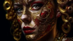 Extreme close-up portrait of a 29-year-old European woman wearing an ornate golden Venetian mask with filigree, intense red lips, direct gaze, highly detailed skin texture, blurred dark background, symbolist painting style inspired by Gustav Klimt.