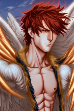 A male anime angel with messy red hair, gold eyes, large, feathered wings that look damaged.