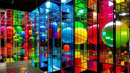 A vibrant installation of colorful hollow cubes and mirrored glass spheres, inhabited by diverse people within the structures.