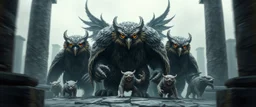 bad ass Owlbears overlord with some kobolds, hyperrealism, motion blur background with black stone pillars as frame