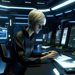 A corporate scientist with short blonde hair working with a dark substance in a spaceship lab realistic grimdark