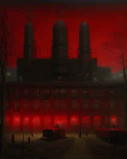 A dark red facility with missiles painted by John Atkinson Grimshaw
