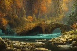 emerald river beneath incredible ancient stone arches, autumn trees, no people, by Ivan Shishkin, Ferdinand Knab, Dan Seagrave, Erik Johansson, Peter Mohrbacher, Anato Finnstark, Flavio Greco Paglia. unreal engine, bokeh sharp focus dof ultra realistic oil on canvas beautiful award winning photograph ultra detailed