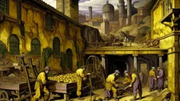 A yellow and purple mining factory designed in medieval tapestry painted by Gustave Courbet