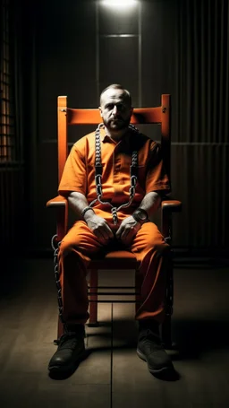 Electrical chair wearing an Orange prison uniform f, a man sitting on the electrical chair arms tied to the chairs arms with straps and his mouth tied with strap in trajectory theme. Ilya HD quality picture