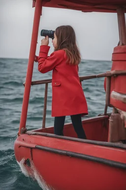 Girl standing on in a red boat, wearing red clothes and looking trough binoculars watching something in the middle of the sea.